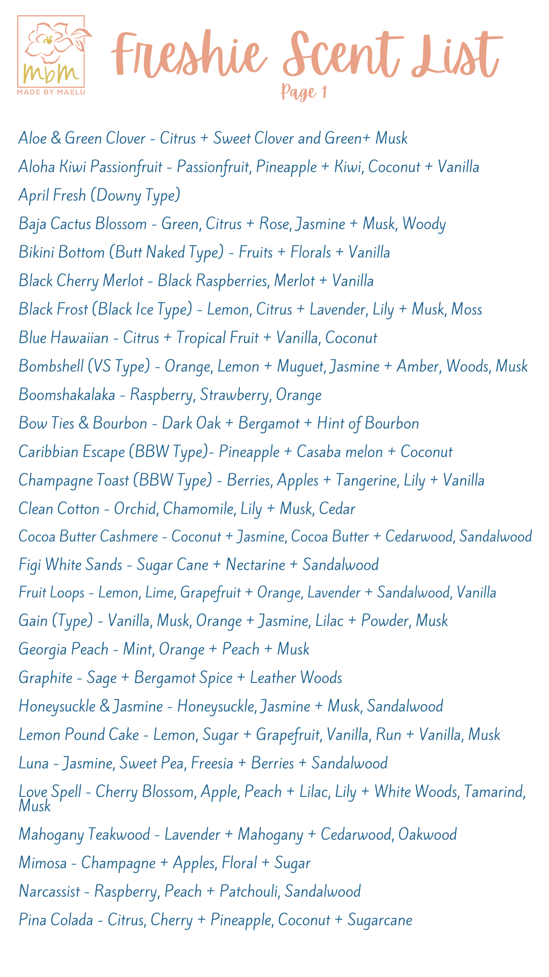 Freshie Scent List - Do not purchase