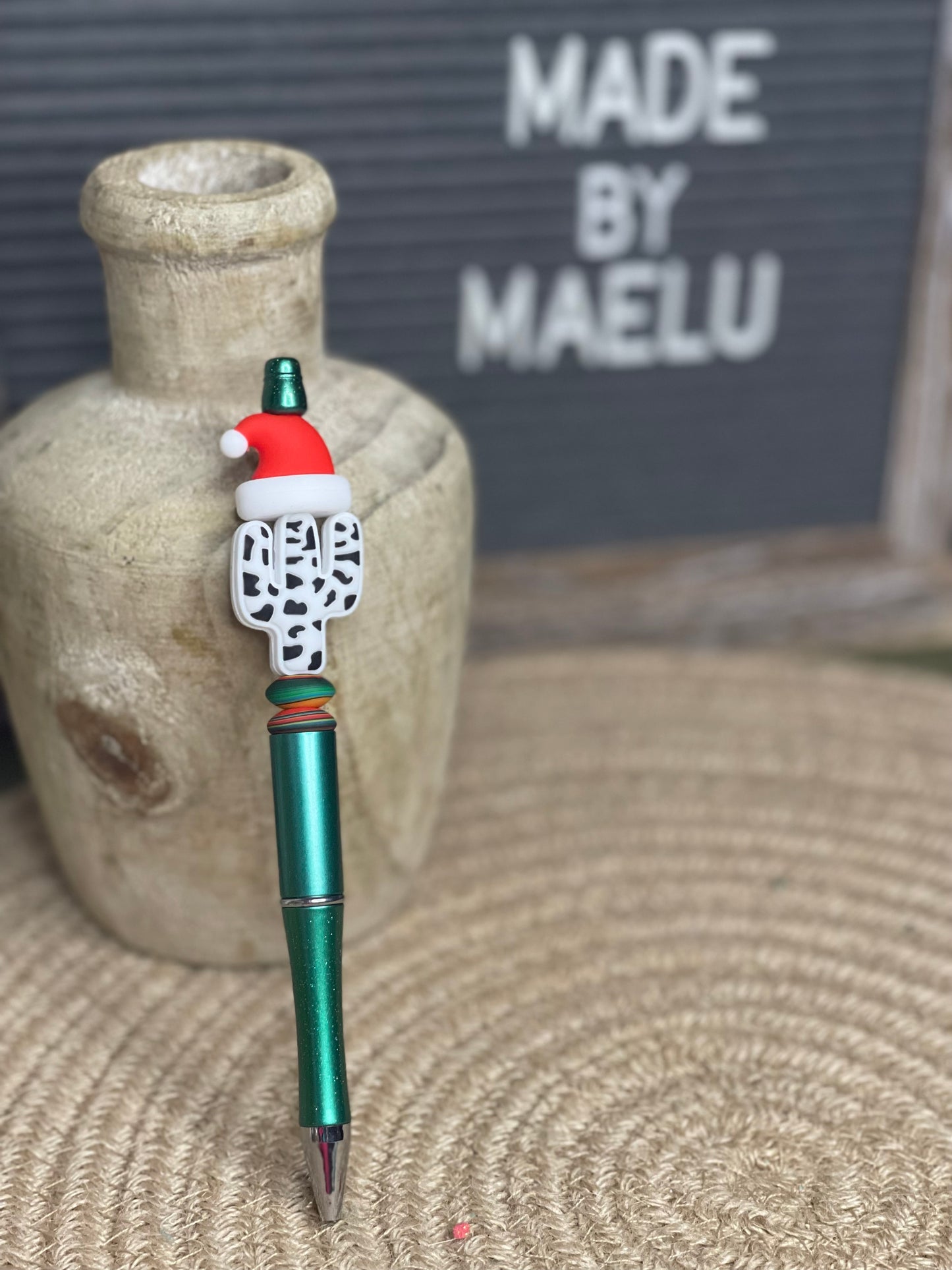 Cow Print Cactus with Santa Hat Beaded Pen